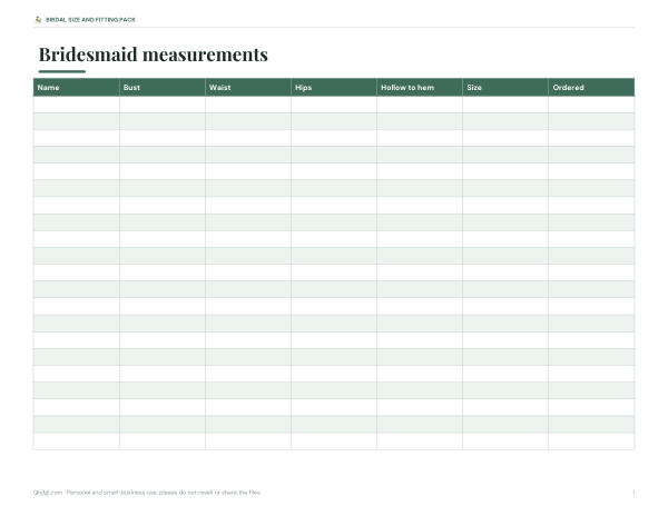 Preview of Printable Bridesmaid Measurement Chart