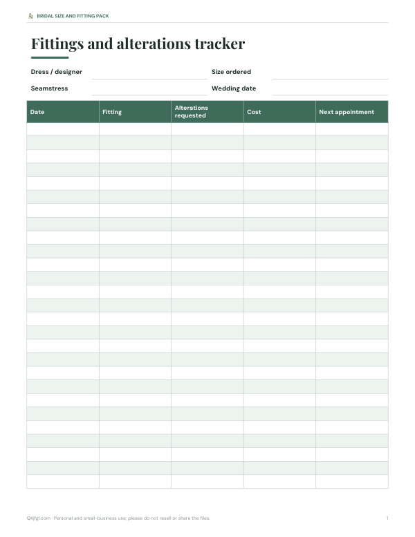 Preview of Printable Bridal Fittings Tracker