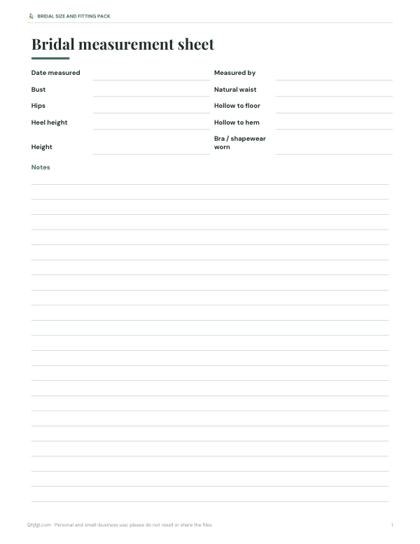 Preview of Printable Bridal Measurement Sheet